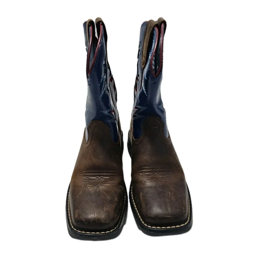 Ariat Kids WorkHog XT VentTEK Bolt Flag Western Boots Brown Blue 10044436 Sz 1